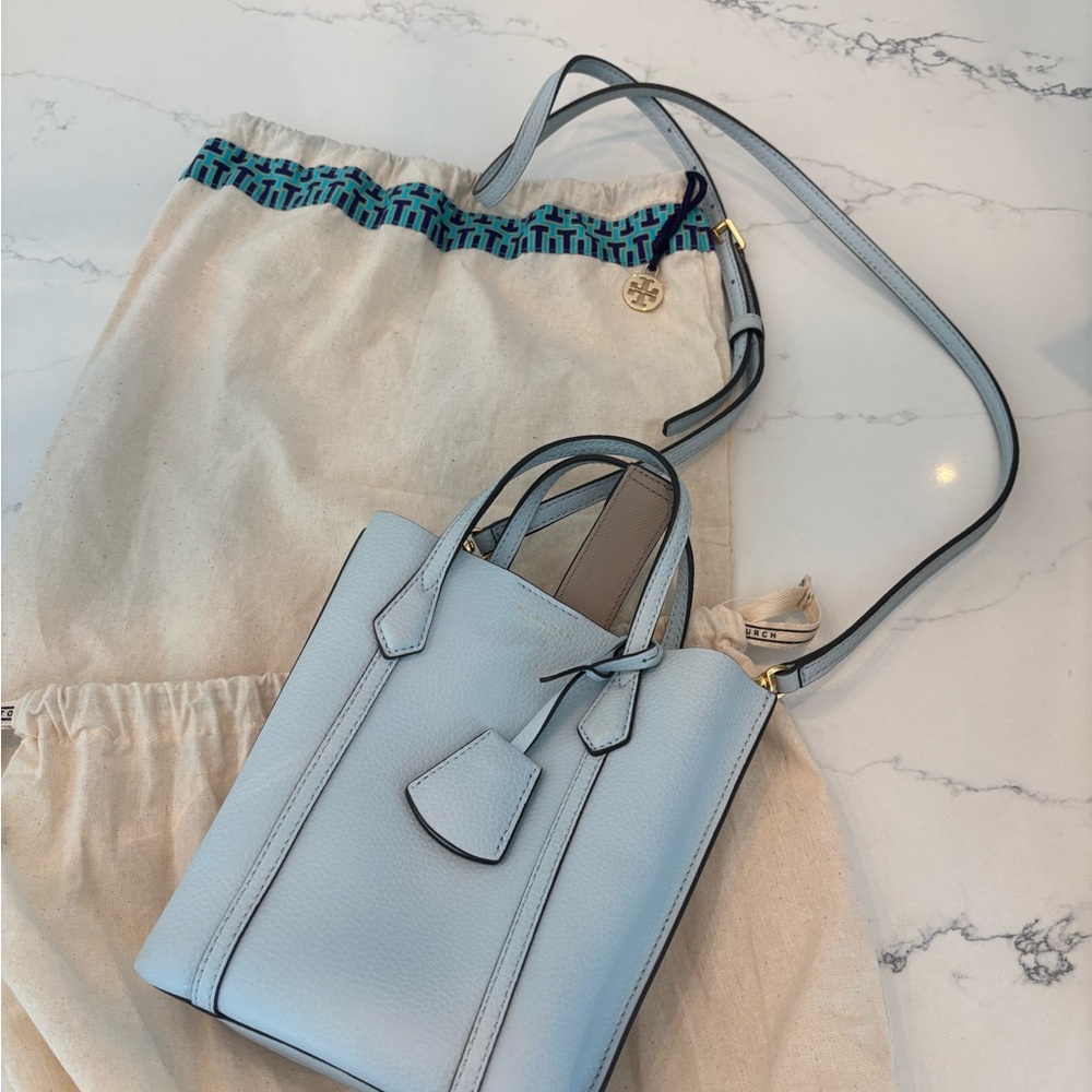 Tory Burch Pale Blue Pebbled Leather Crossbody Tote